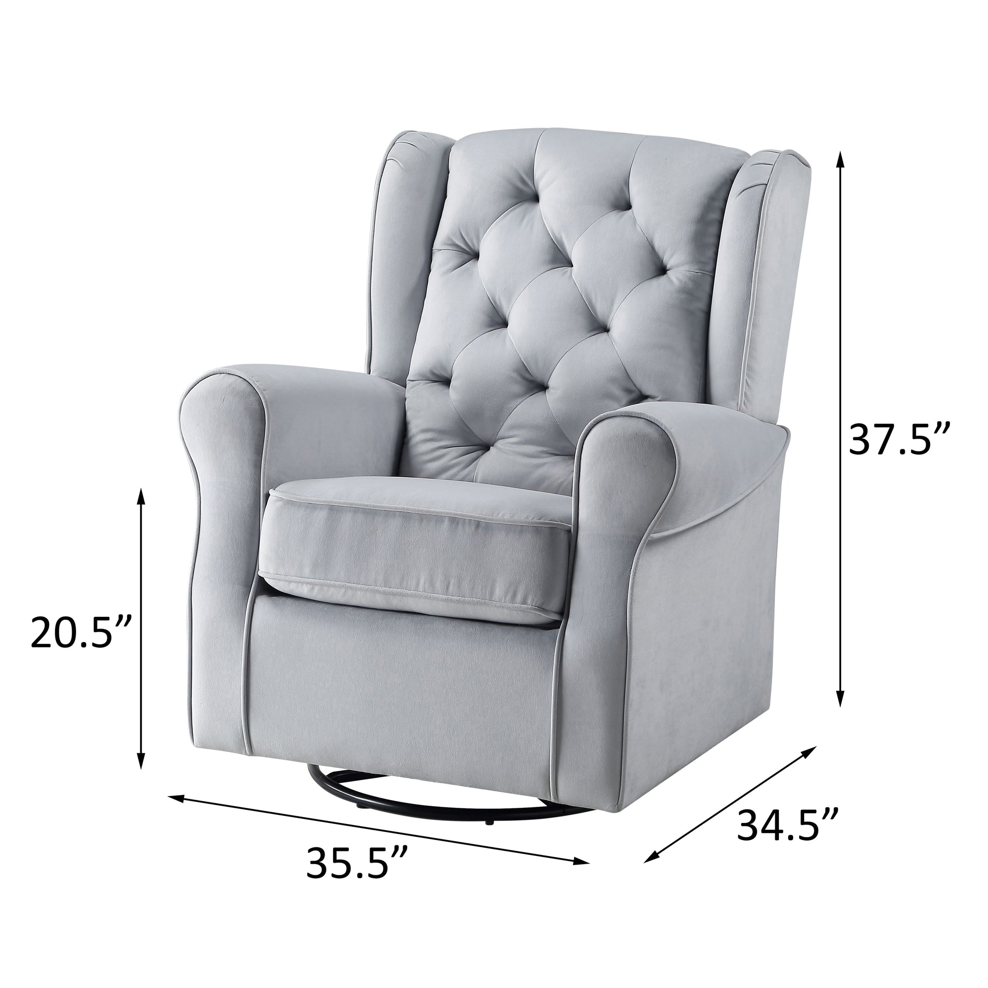 Light grey tufted velvet swivel recliner with rounded arms and button details perfect for a nursery
