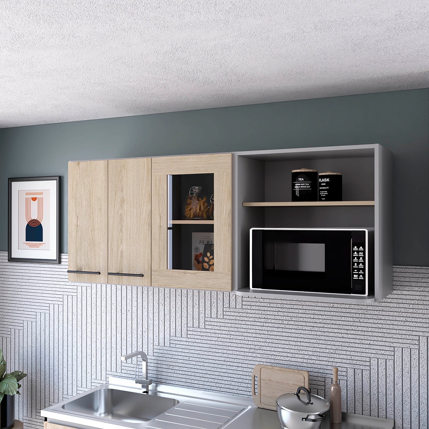 Modern kitchen cabinet with light wood finish and black handles featuring clear glass door and storage for pantry items