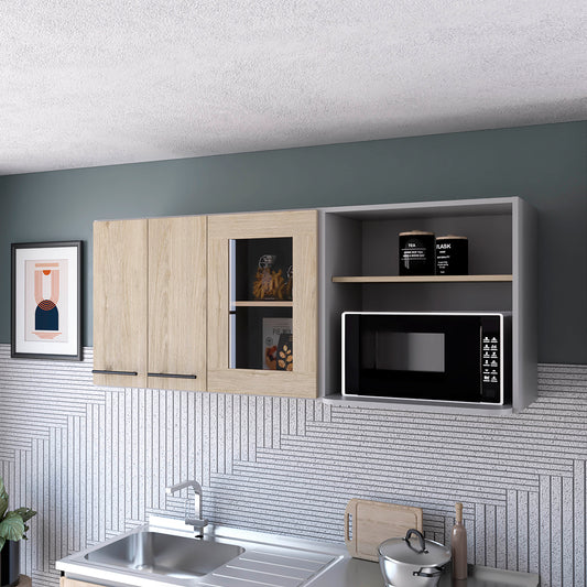 Modern kitchen cabinet with light wood finish and black handles featuring clear glass door and storage for pantry items
