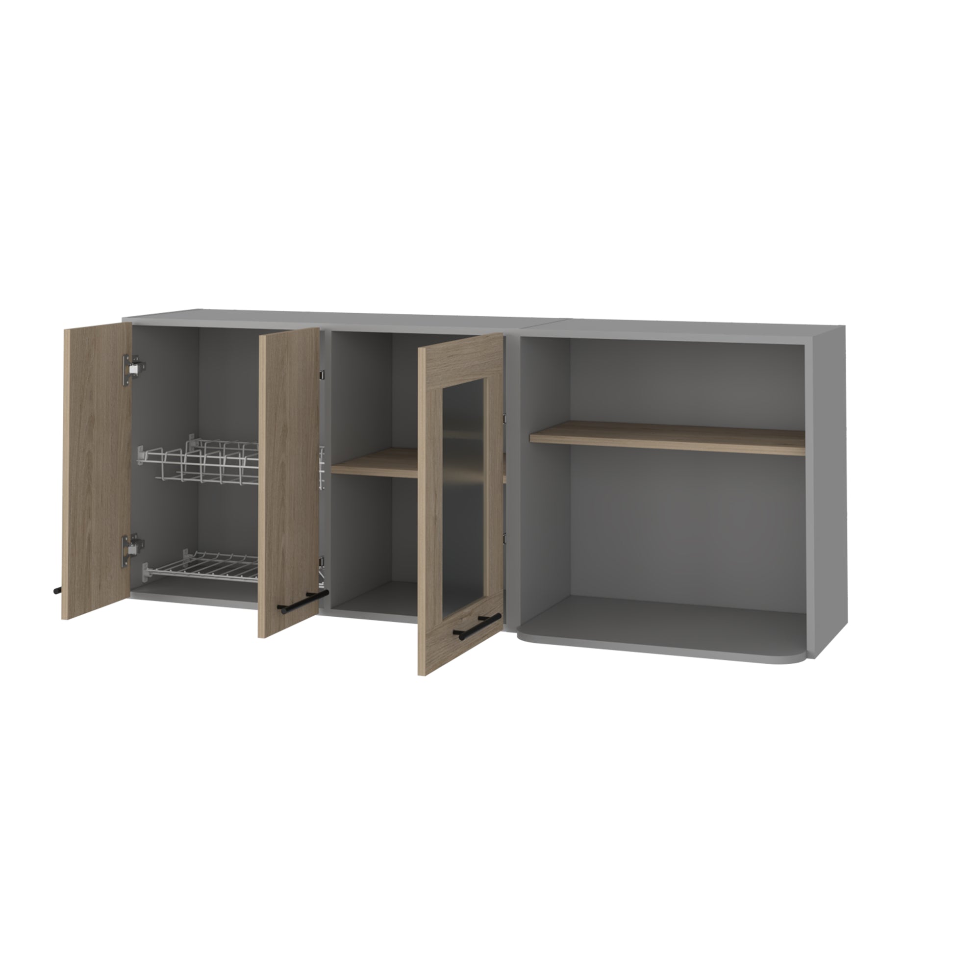 Modern grey kitchen wall cabinet with two woodfinish doors and one glassinset door