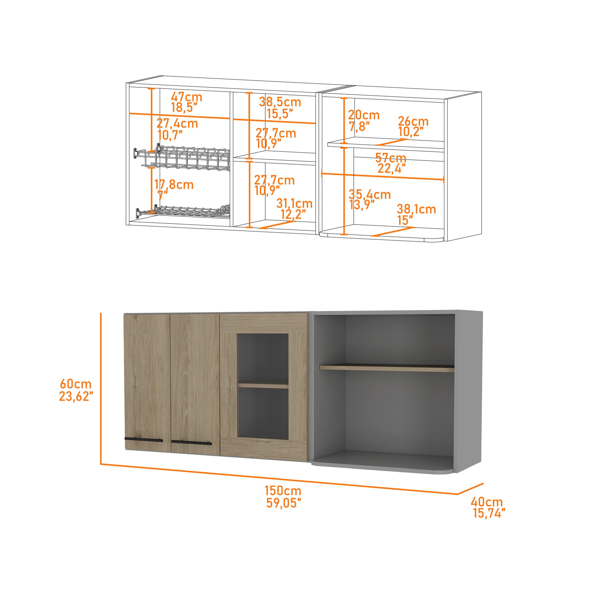 Modern wooden and grey modular kitchen cabinet with glass door cm wide