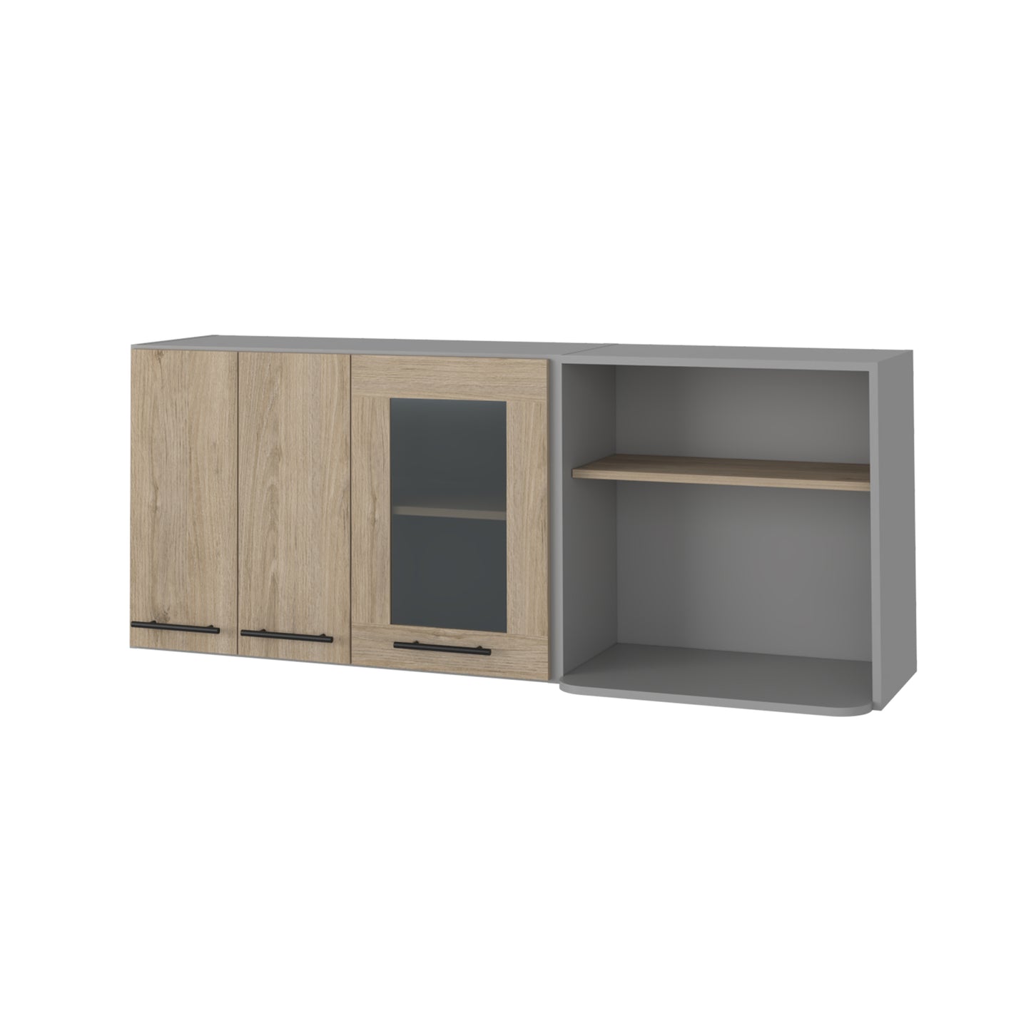 Modern modular wall unit with oak effect doors and grey open shelving