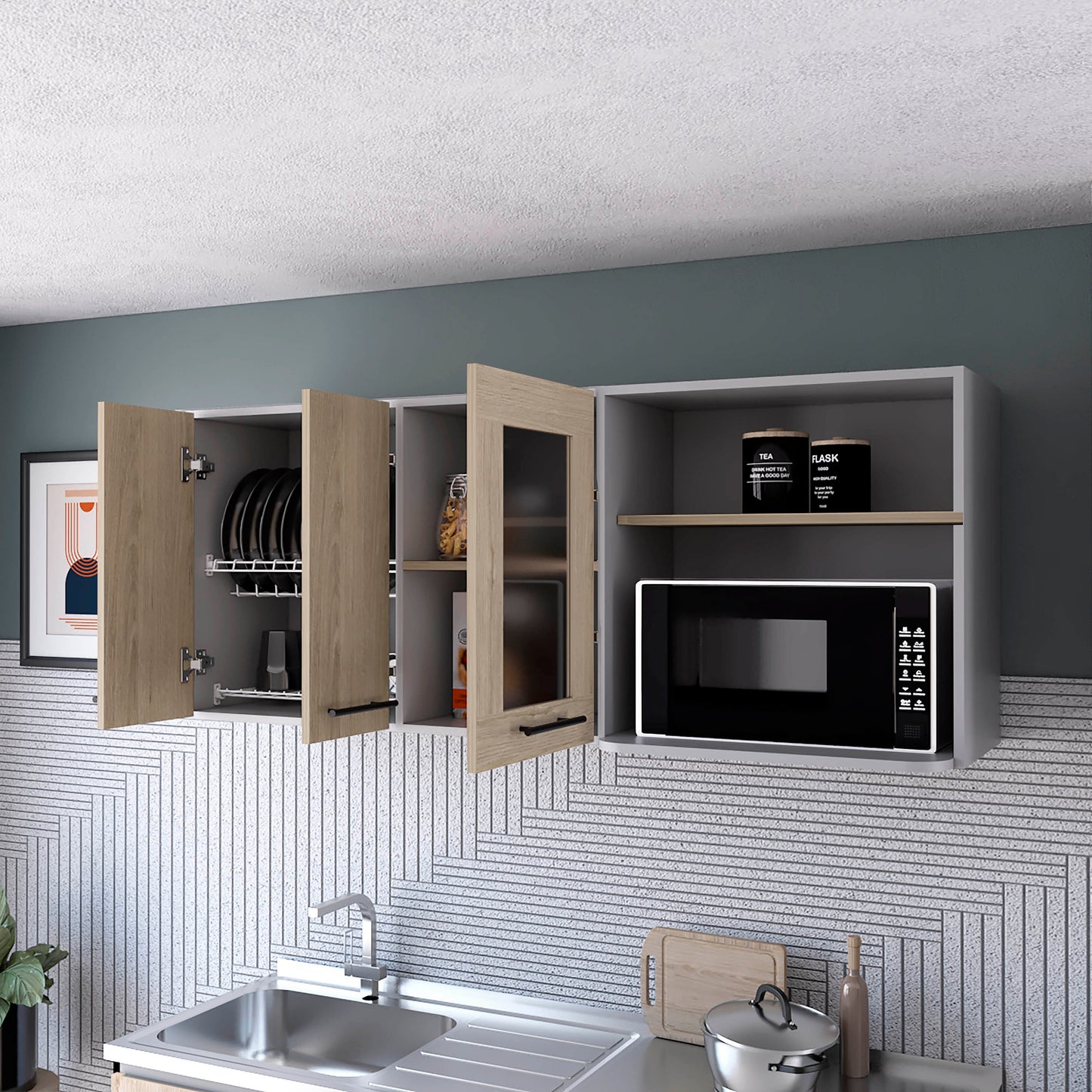 Modern gray kitchen cabinet with open woodgrain door displaying dishware and utensils