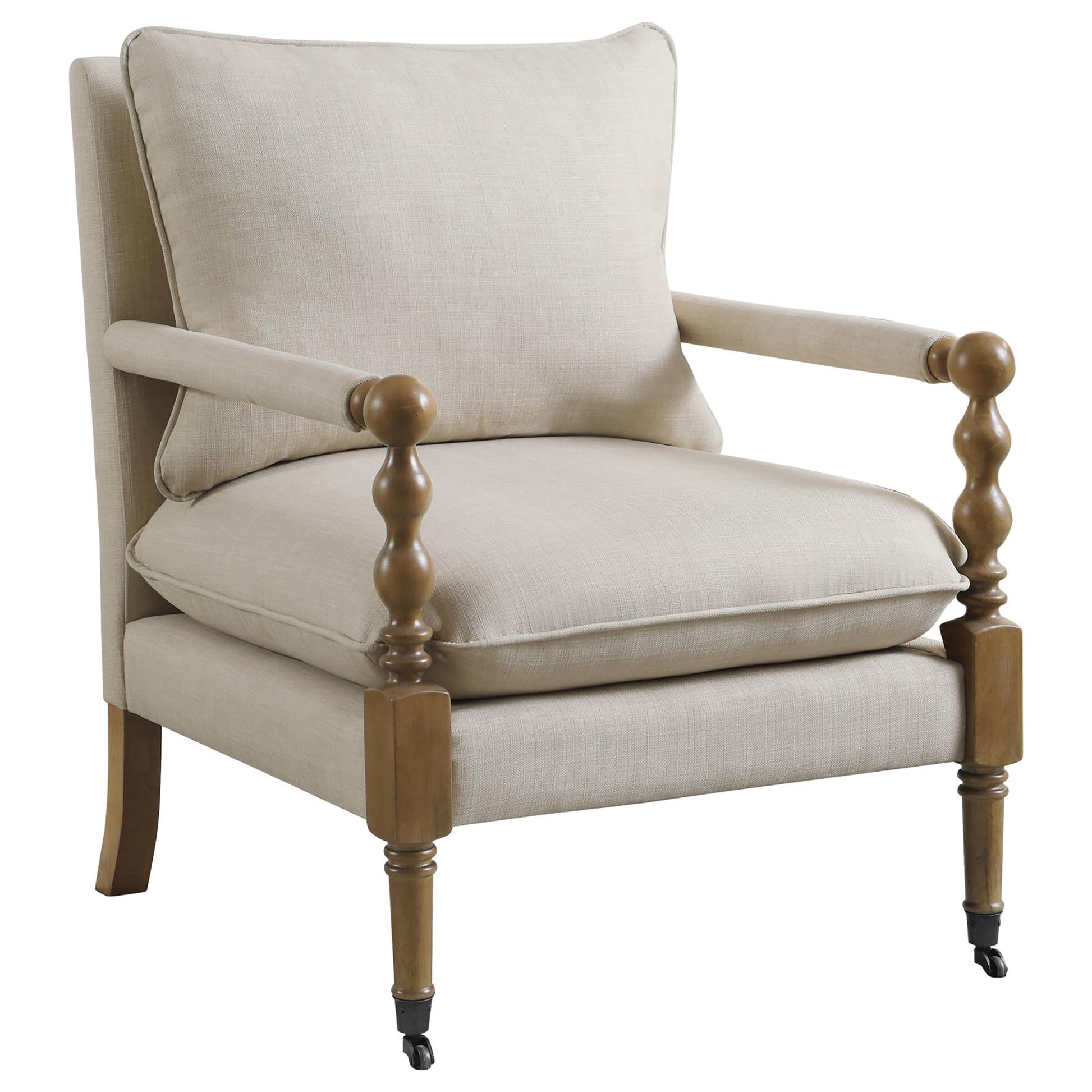 Beige linen upholstered accent chair with turned wood legs and casters
