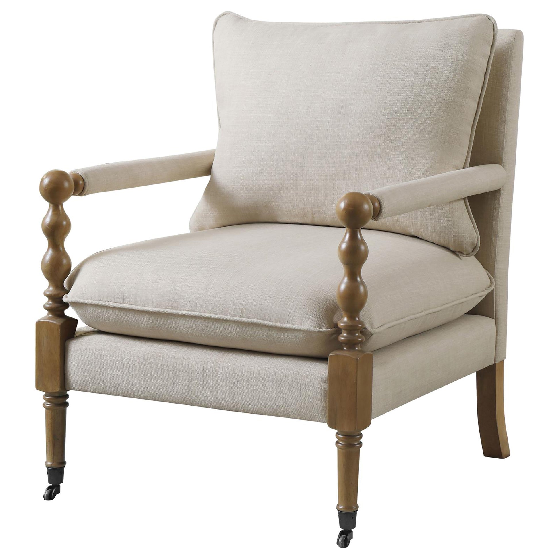 Tufted linen accent chair with turned wooden legs and caster wheels