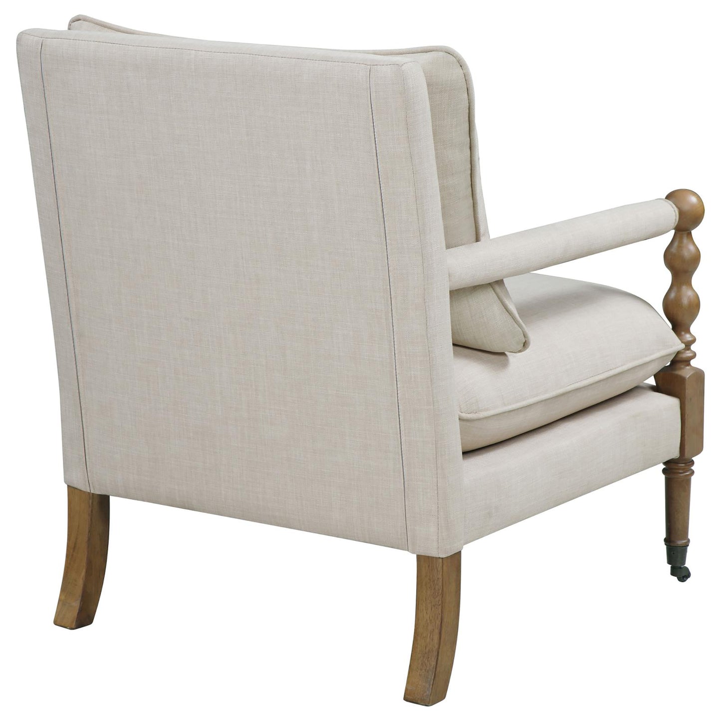 Beige linen armchair with wooden legs and a rounded armrest post