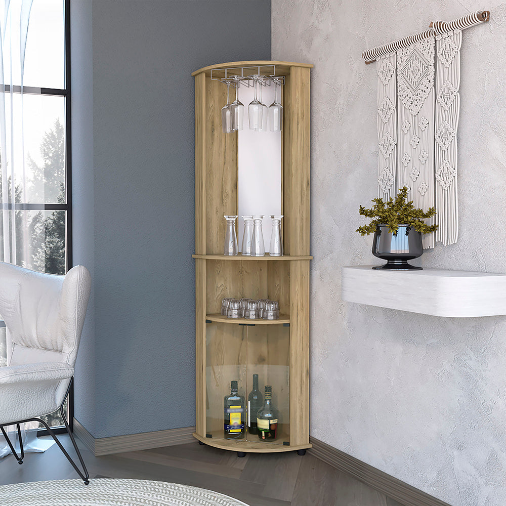 Corner bar cabinet with glass racks wine bottles and shelves