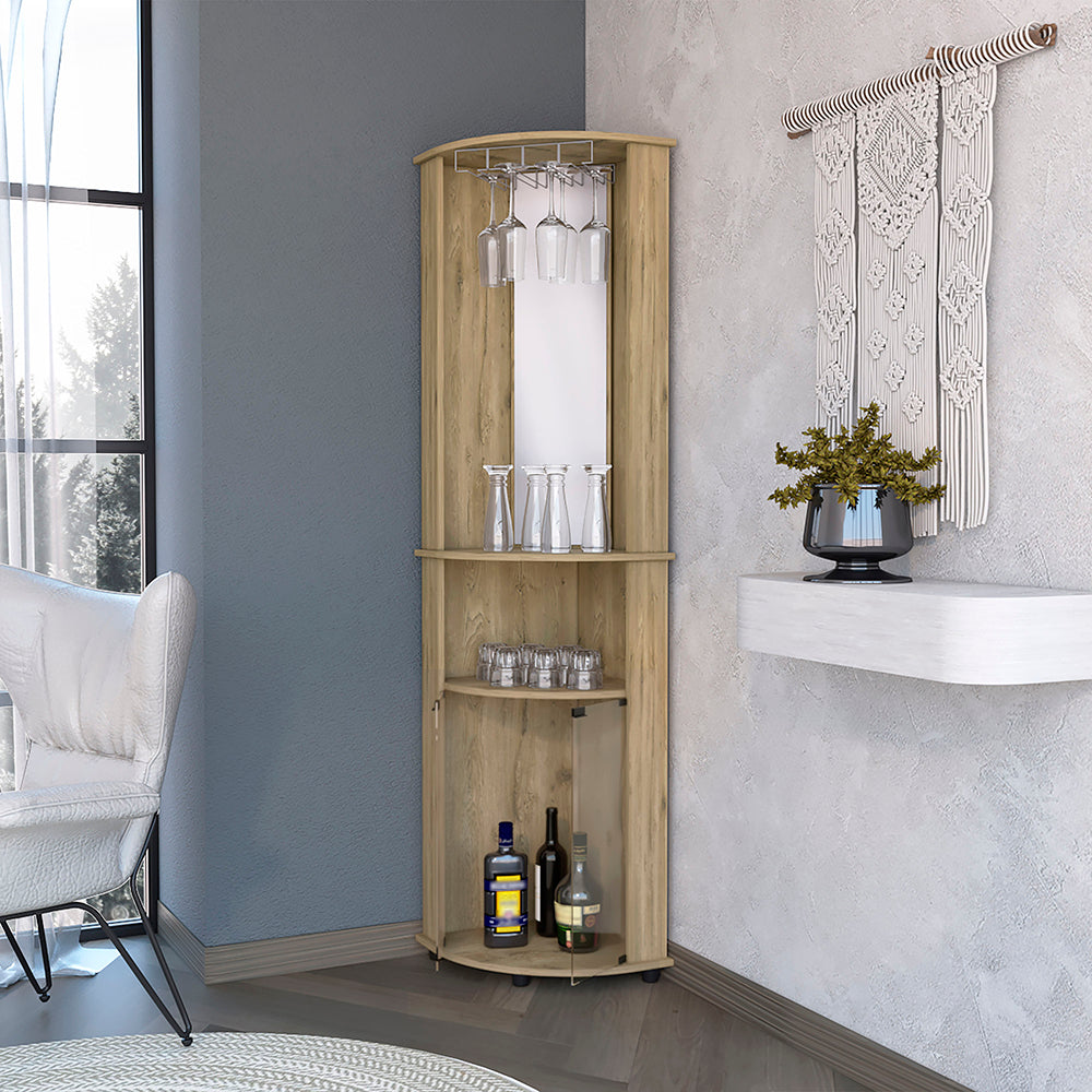 Light oak corner bar cabinet with mirrored back wine glass rack and shelves holding glassware and bottles