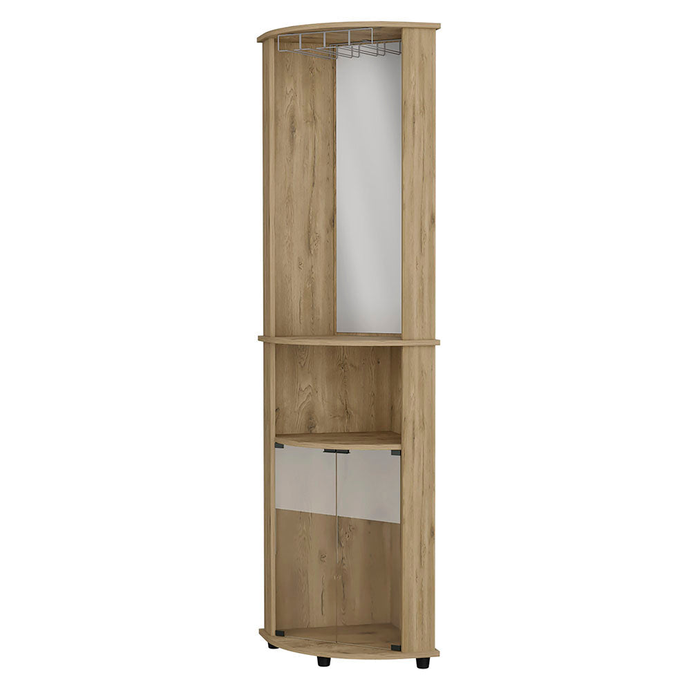 Tall corner cabinet with wood finish mirror and glasspaneled doors