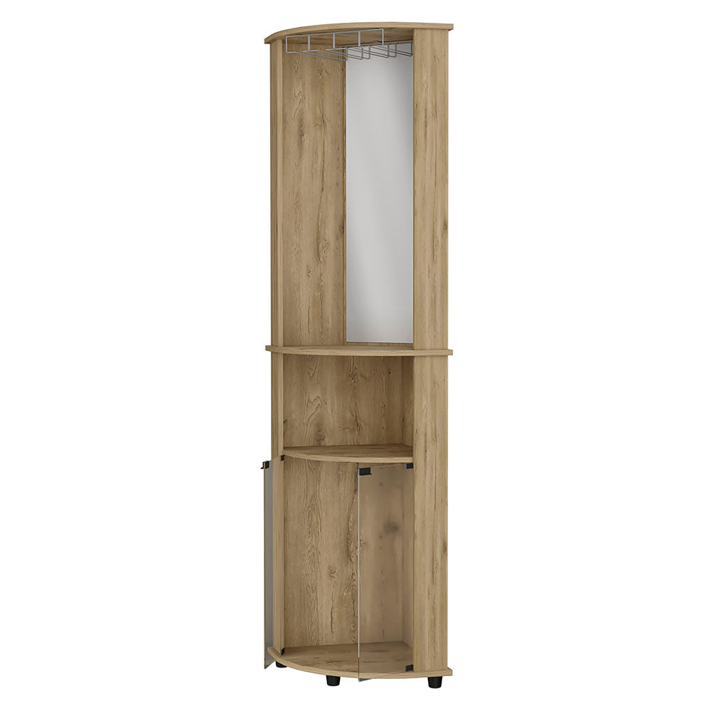 Modern oak veneer corner cabinet with mirror and glass door for entryway organization
