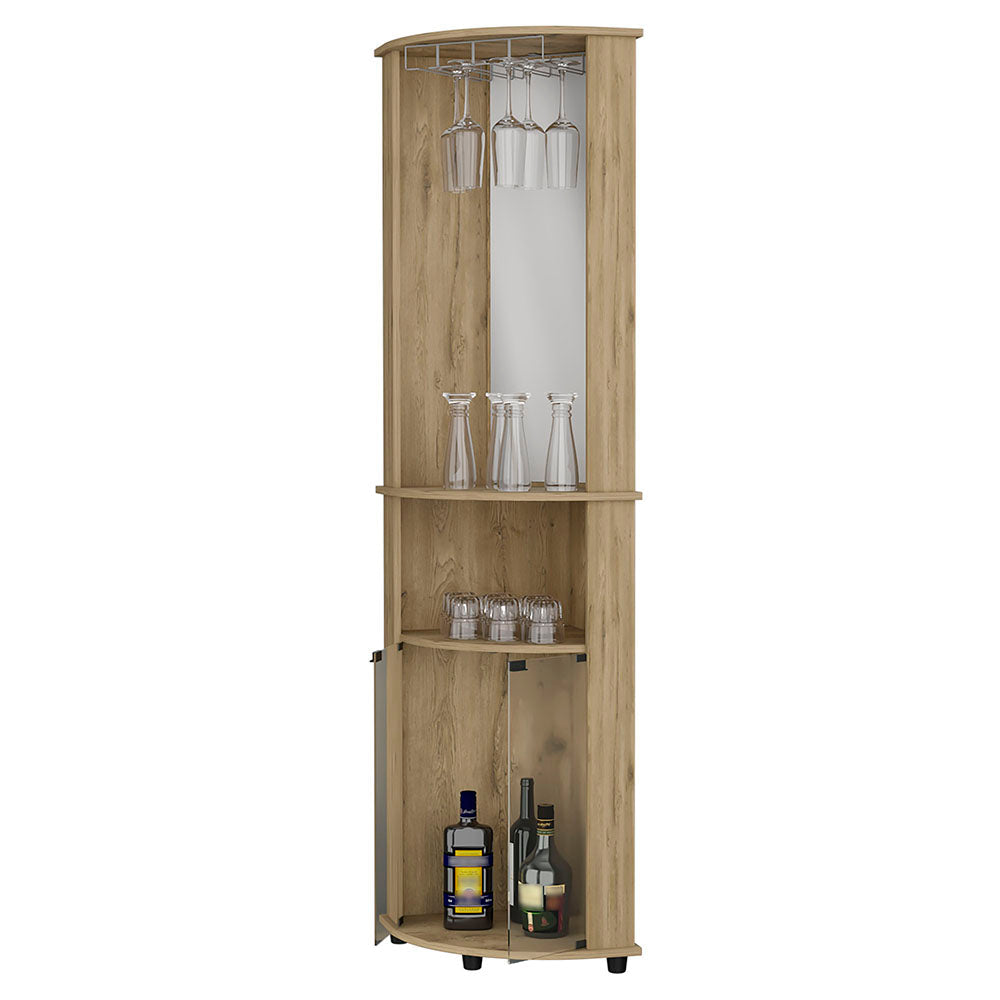 Light wood corner bar cabinet with wine glass rack and mirrored back panel