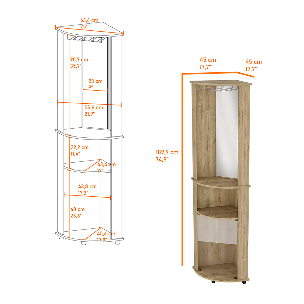 Corner bar cabinet with mirrored door wine glass rack and shelves in wood grain finish