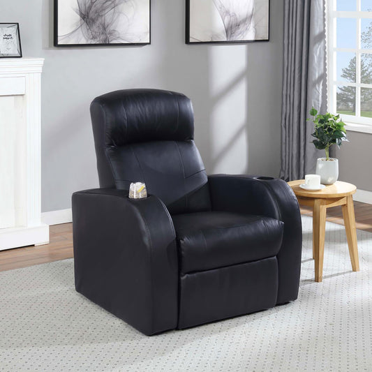 Black leather recliner chair with cup holders and plush cushioning