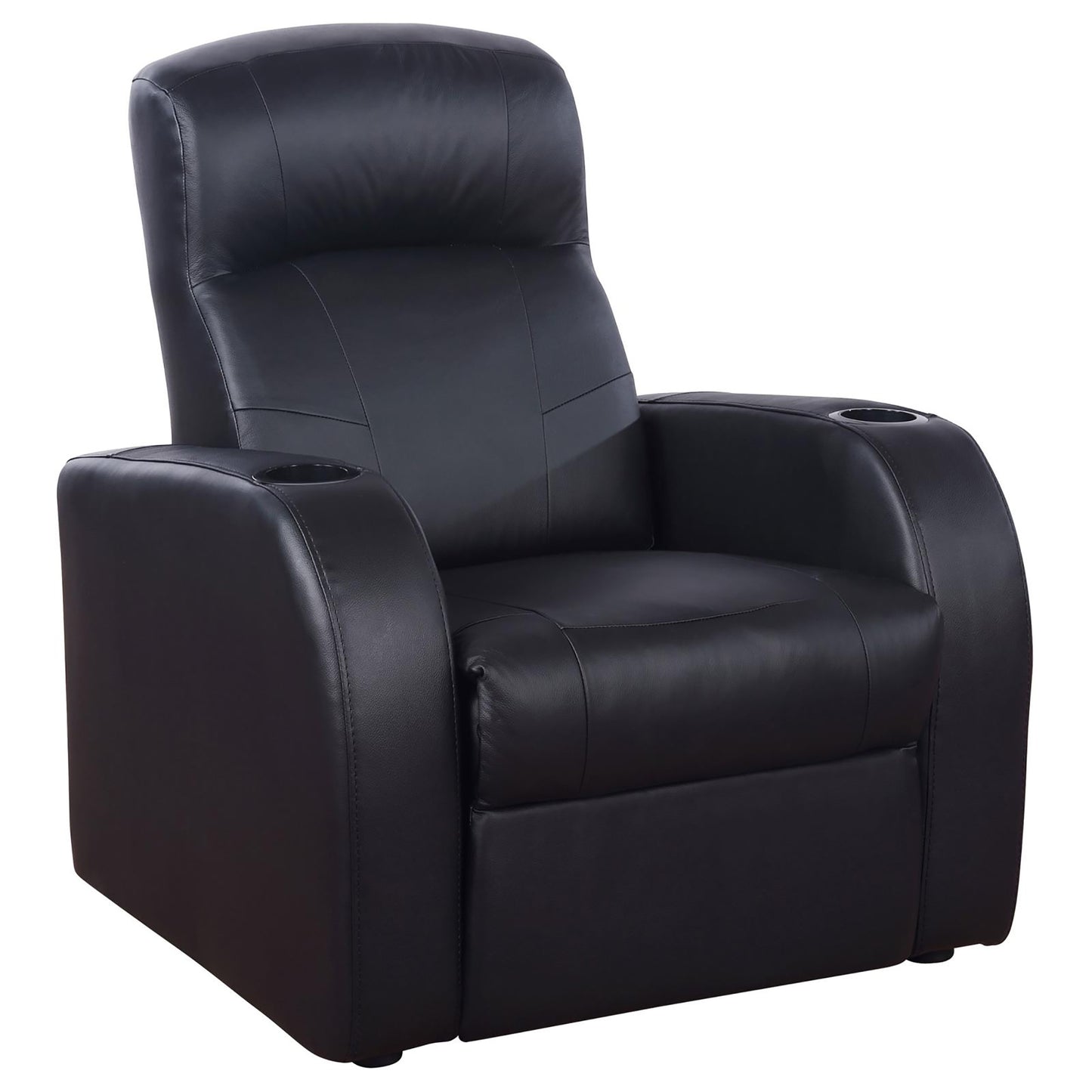 Black leather recliner chair with builtin cup holders for home theater comfort
