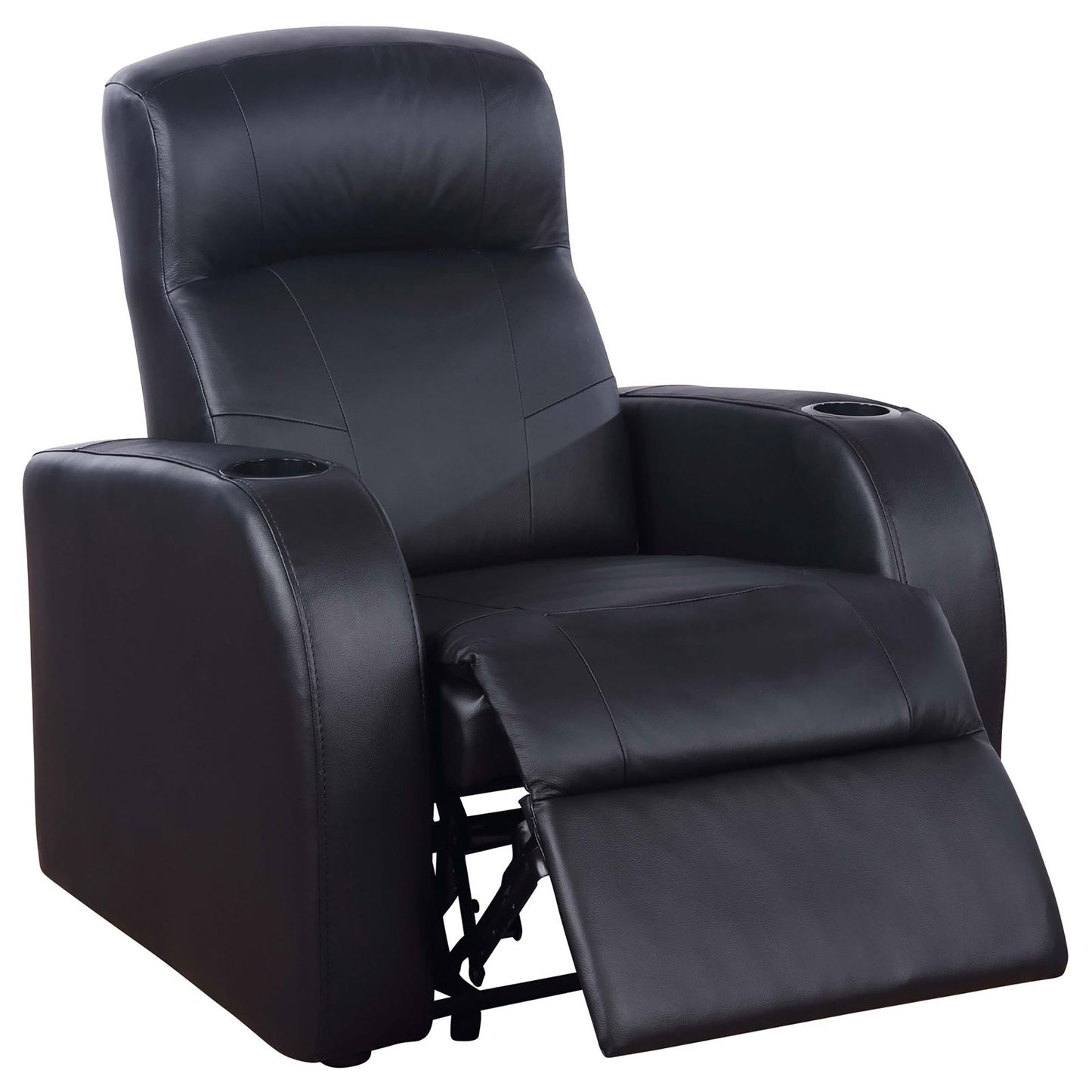 Black leather recliner chair with builtin cup holders perfect for home theaters