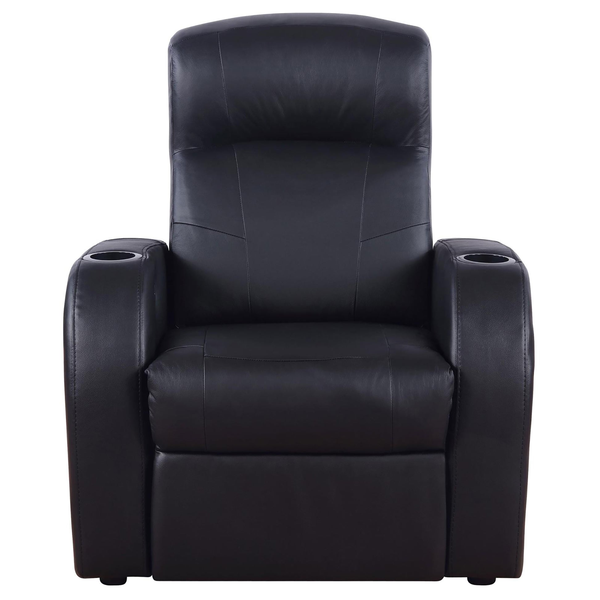 Plush black leather recliner with dual cup holders and lumbar support
