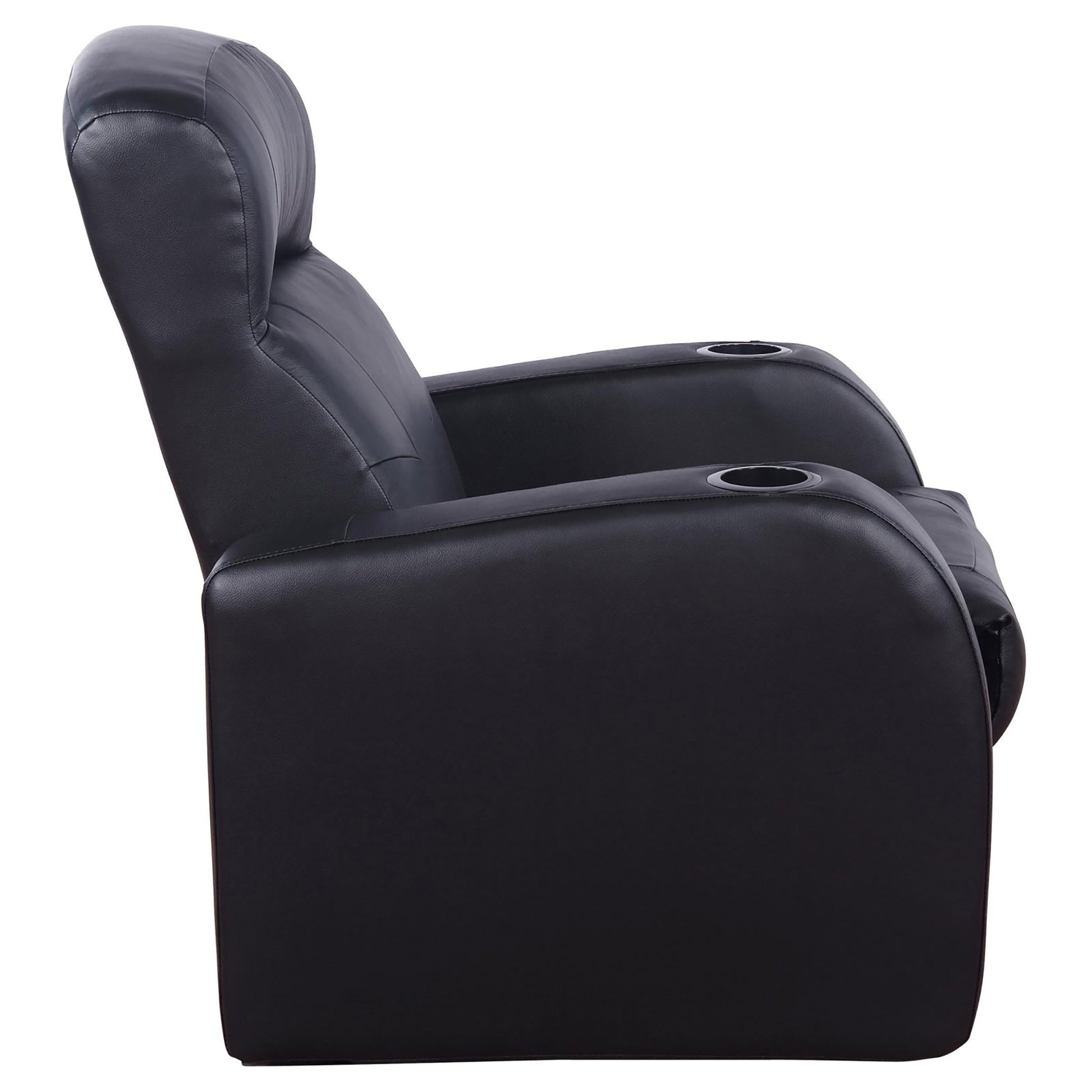 Black faux leather recliner chair with cup holders