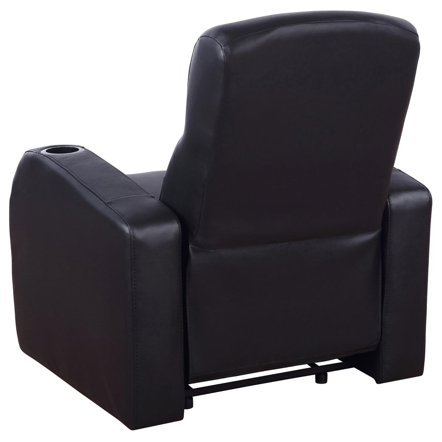 Dark brown leather recliner with builtin cup holder ideal for home theater