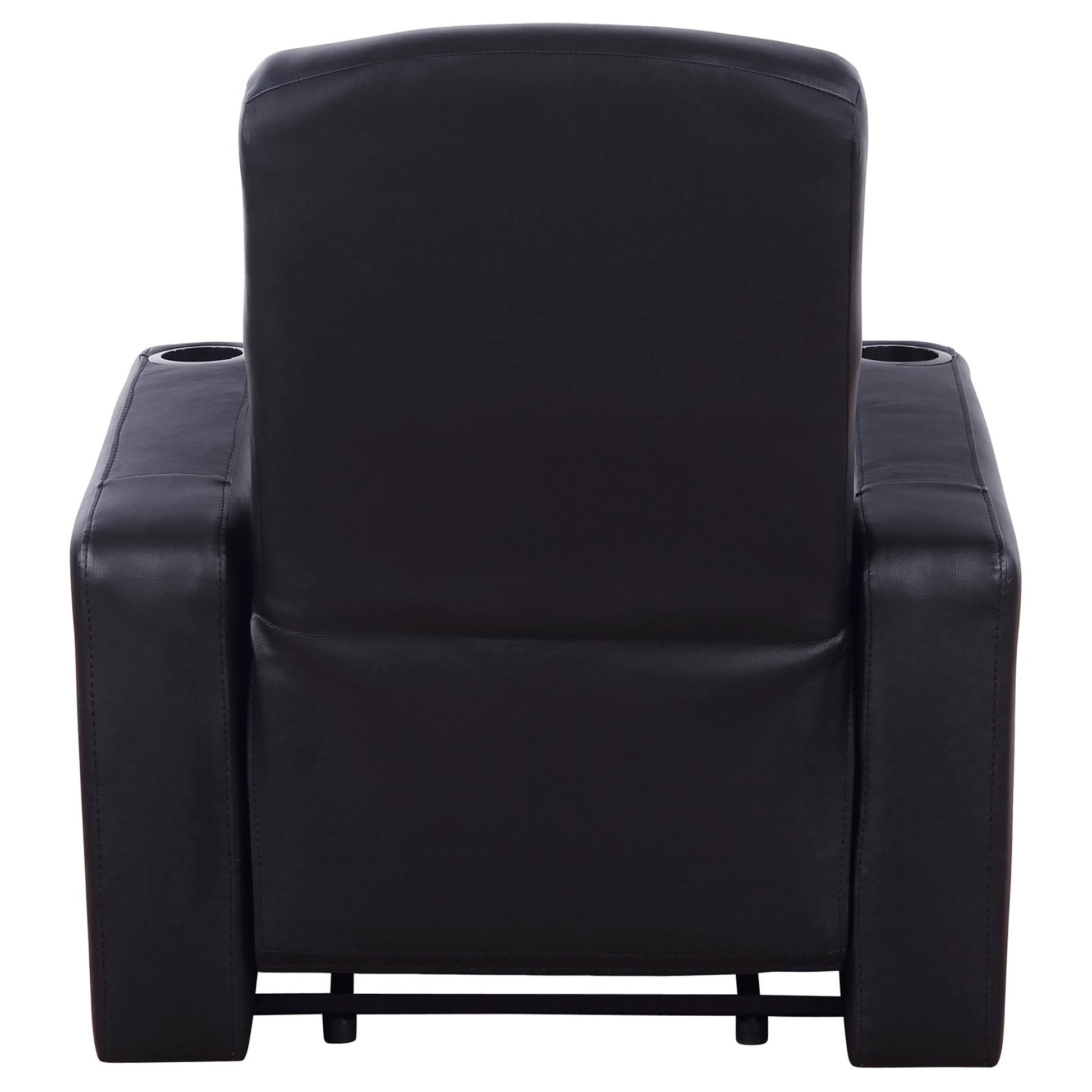 Black leather recliner chair with integrated cup holders and padded arms for movie nights
