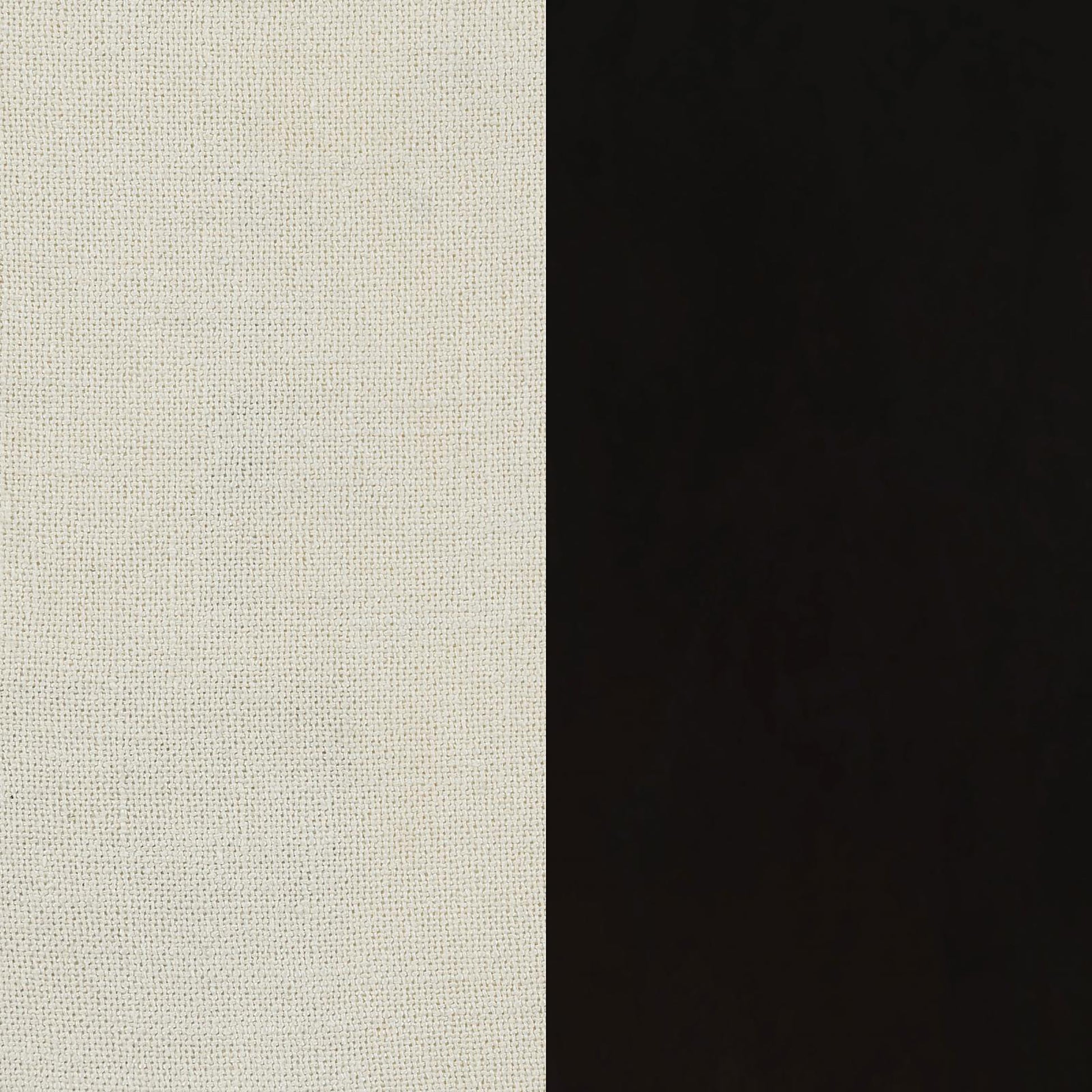 Textured cream fabric swatches alongside a solid black fabric sample