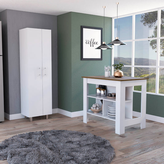 TREATLIFE HOME 9-Shelf Kitchen Set with 2-Door Pantry and Kitchen Island, White and Walnut Finish, Storage and Counter Space