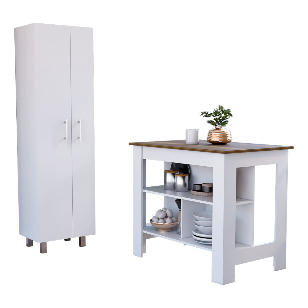 White tall kitchen pantry cabinet with double doors and silver handles