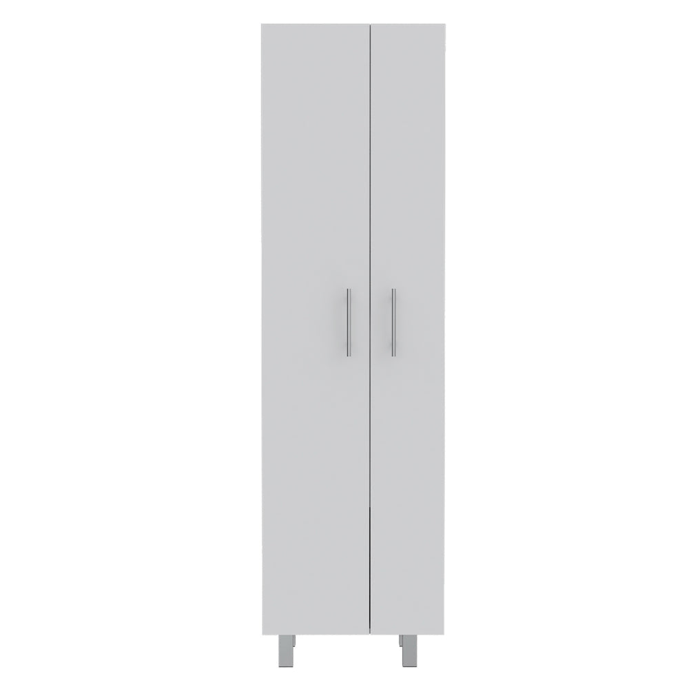 Modern white doubledoor tall storage cabinet with silver handles and minimalist leg supports