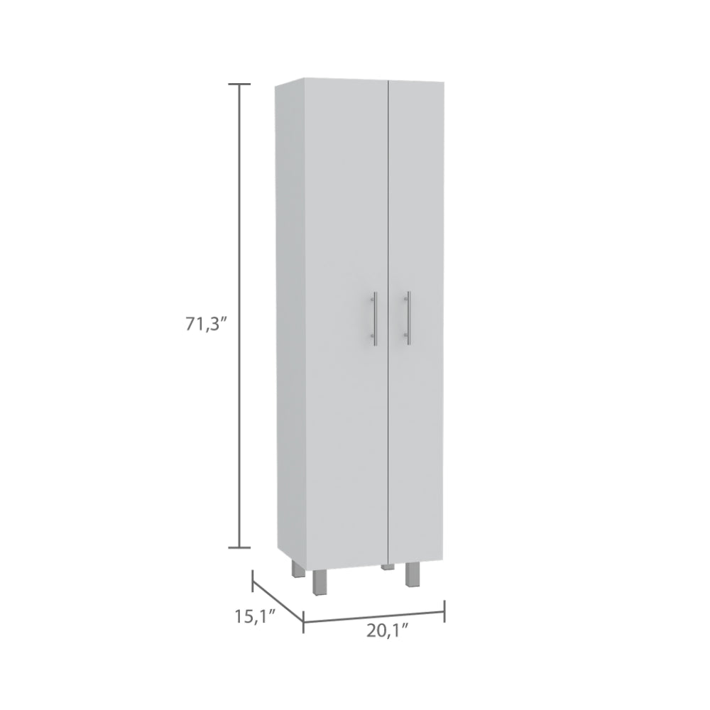 White tall narrow storage cabinet with two doors and silver handles dimensions shown
