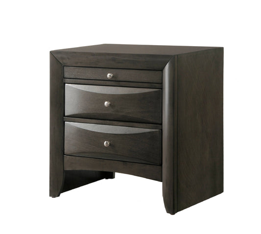 Modern dark wood nightstand with three curved drawer fronts and silver knobs