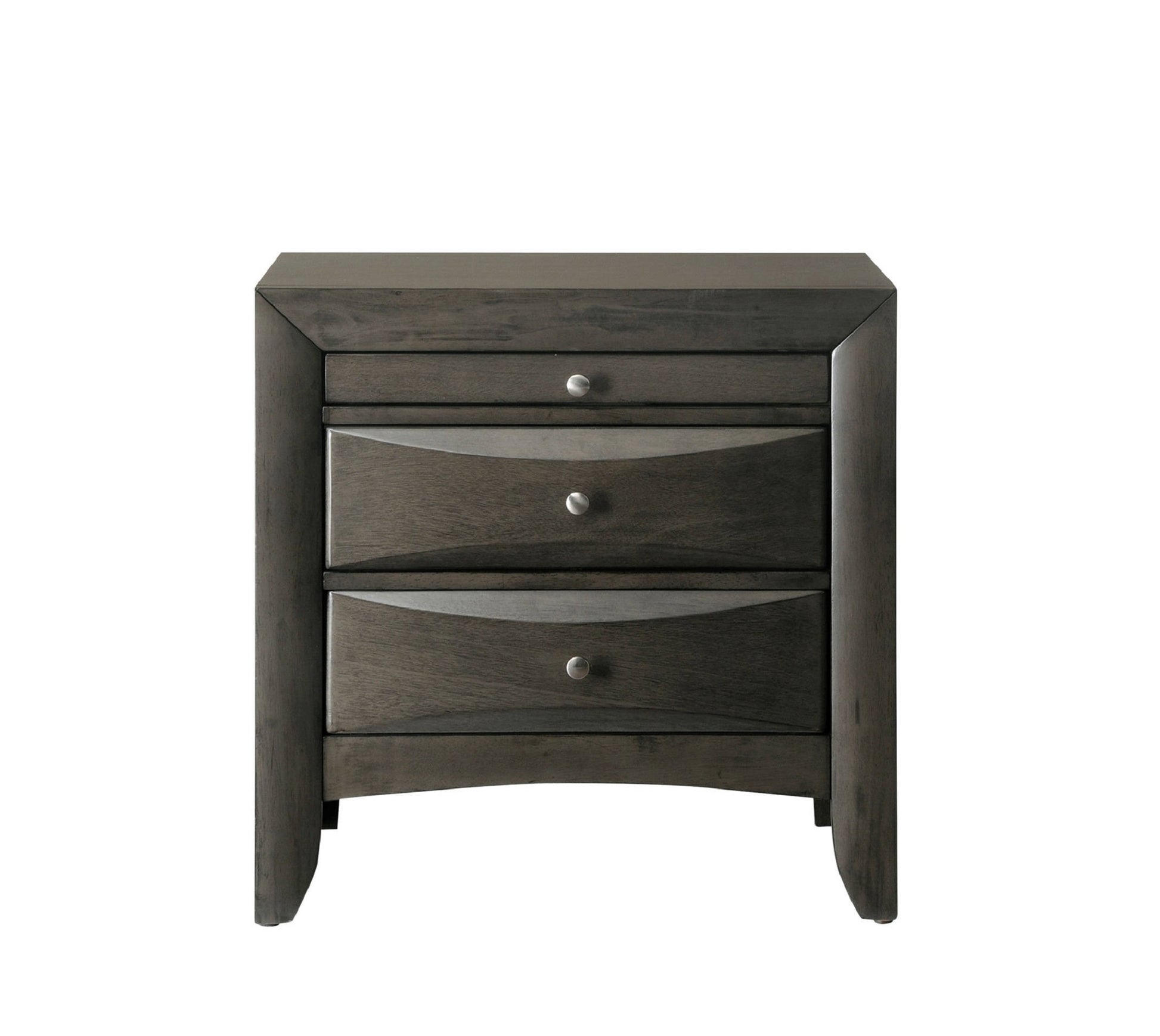 Dark gray wooden nightstand with three drawers and silver knobs