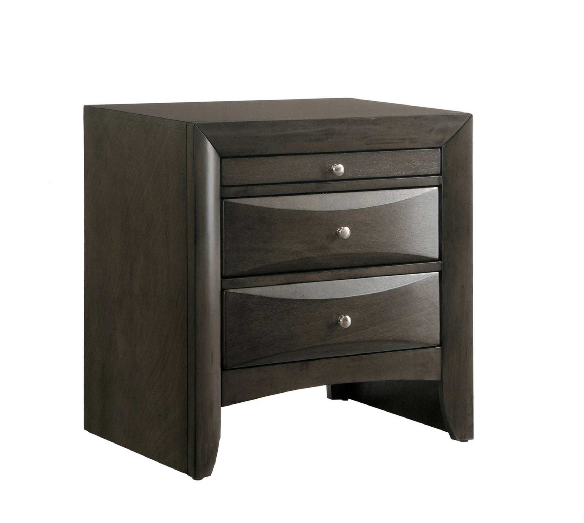 Dark grey wooden nightstand with three curved drawers and silver knobs