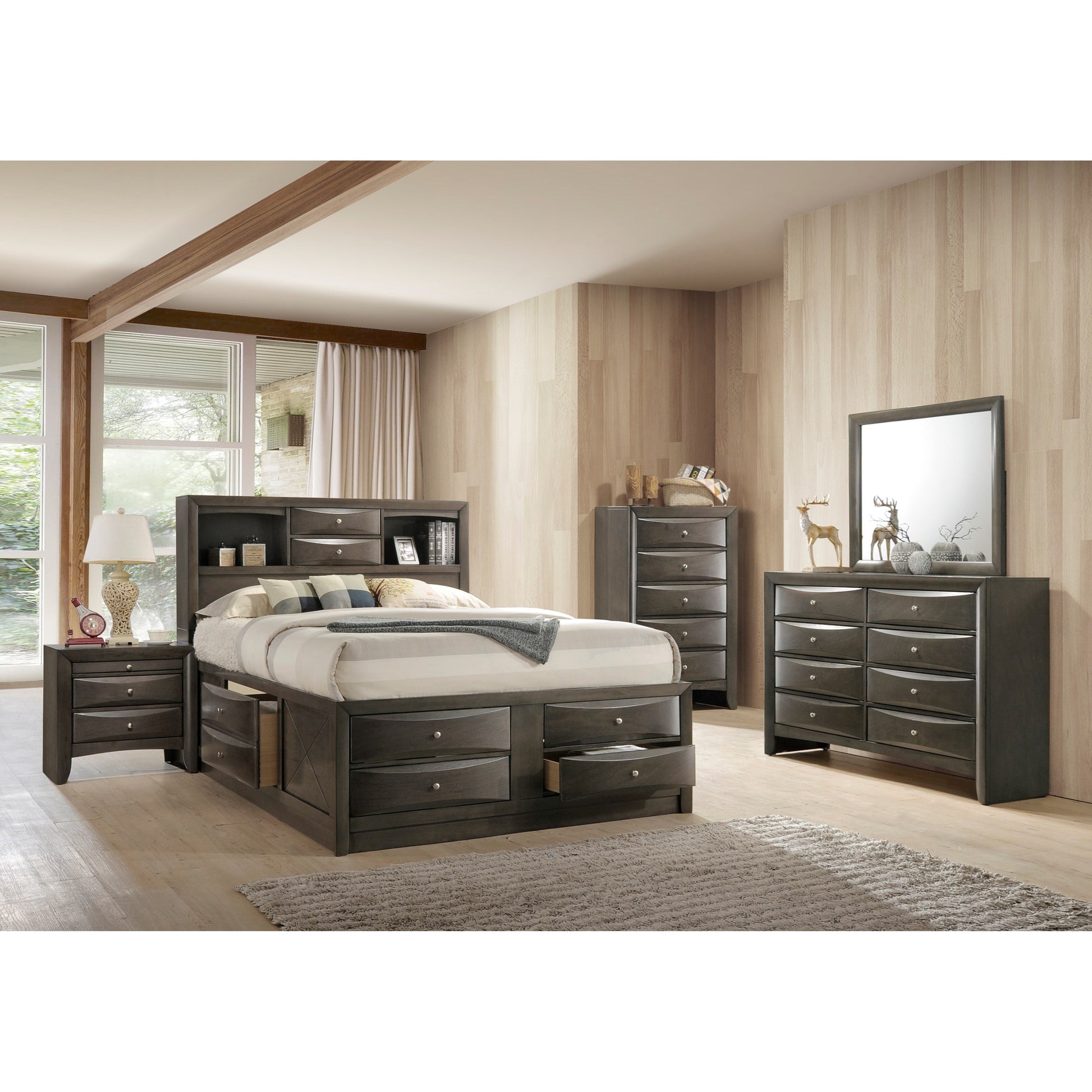 Dark gray king storage bed with builtin bookcase headboard and drawers