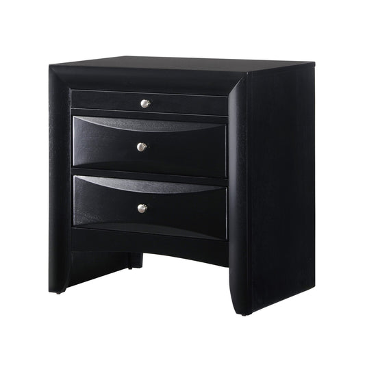 Sleek black drawer nightstand with silver knobs and curved drawer fronts
