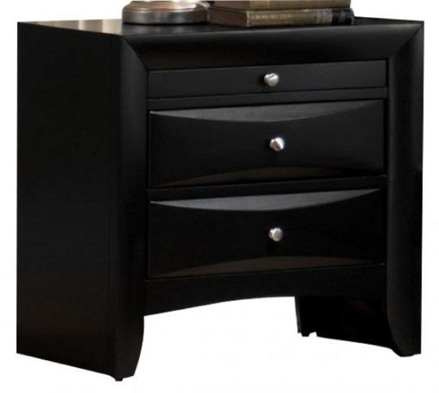 Black threedrawer modern nightstand with silver knobs and curved front panels