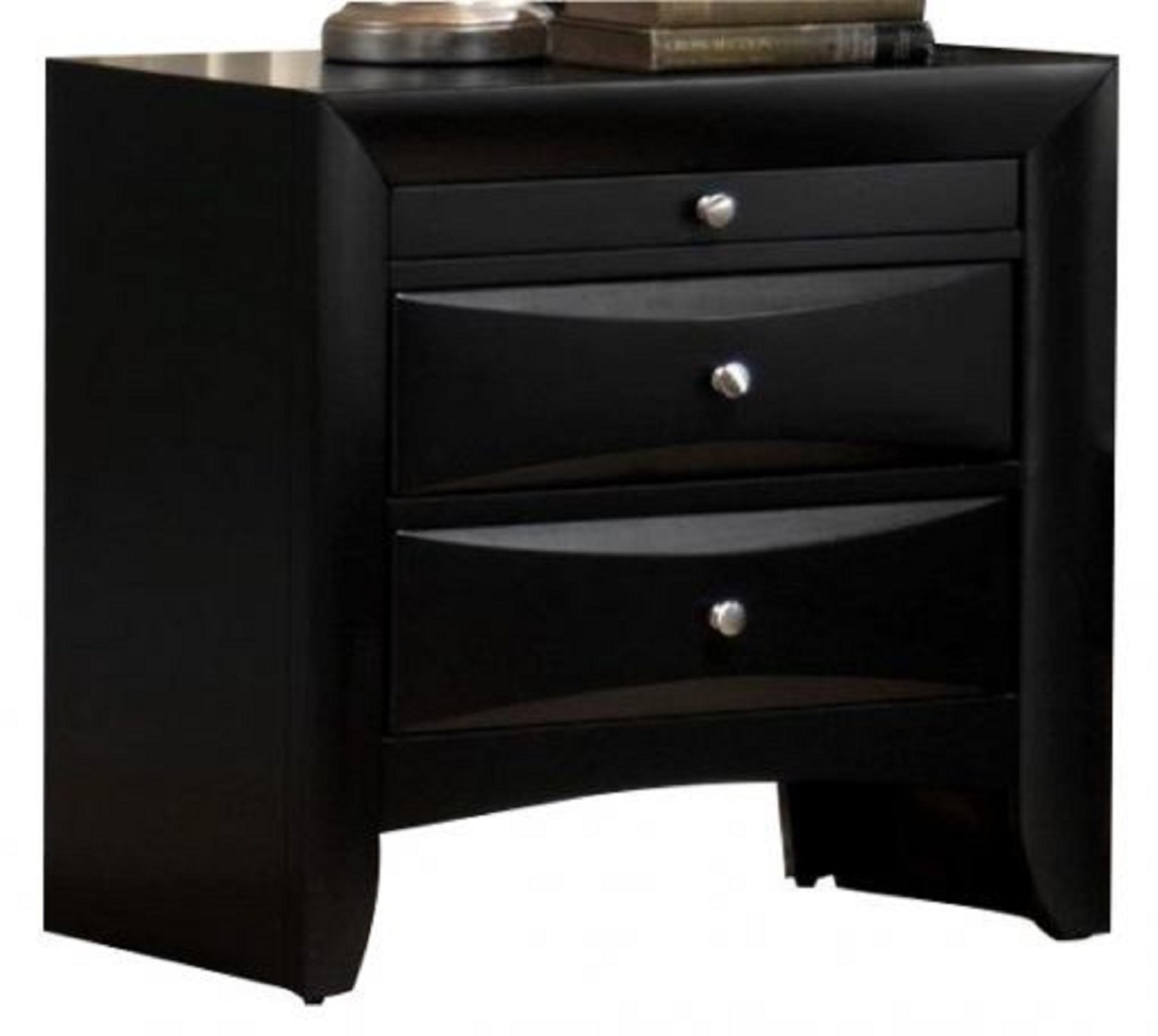 Black threedrawer modern nightstand with silver knobs and curved front panels