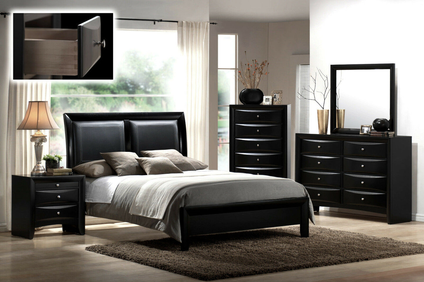 Black leather headboard king bed with wood frame modern bedroom furniture