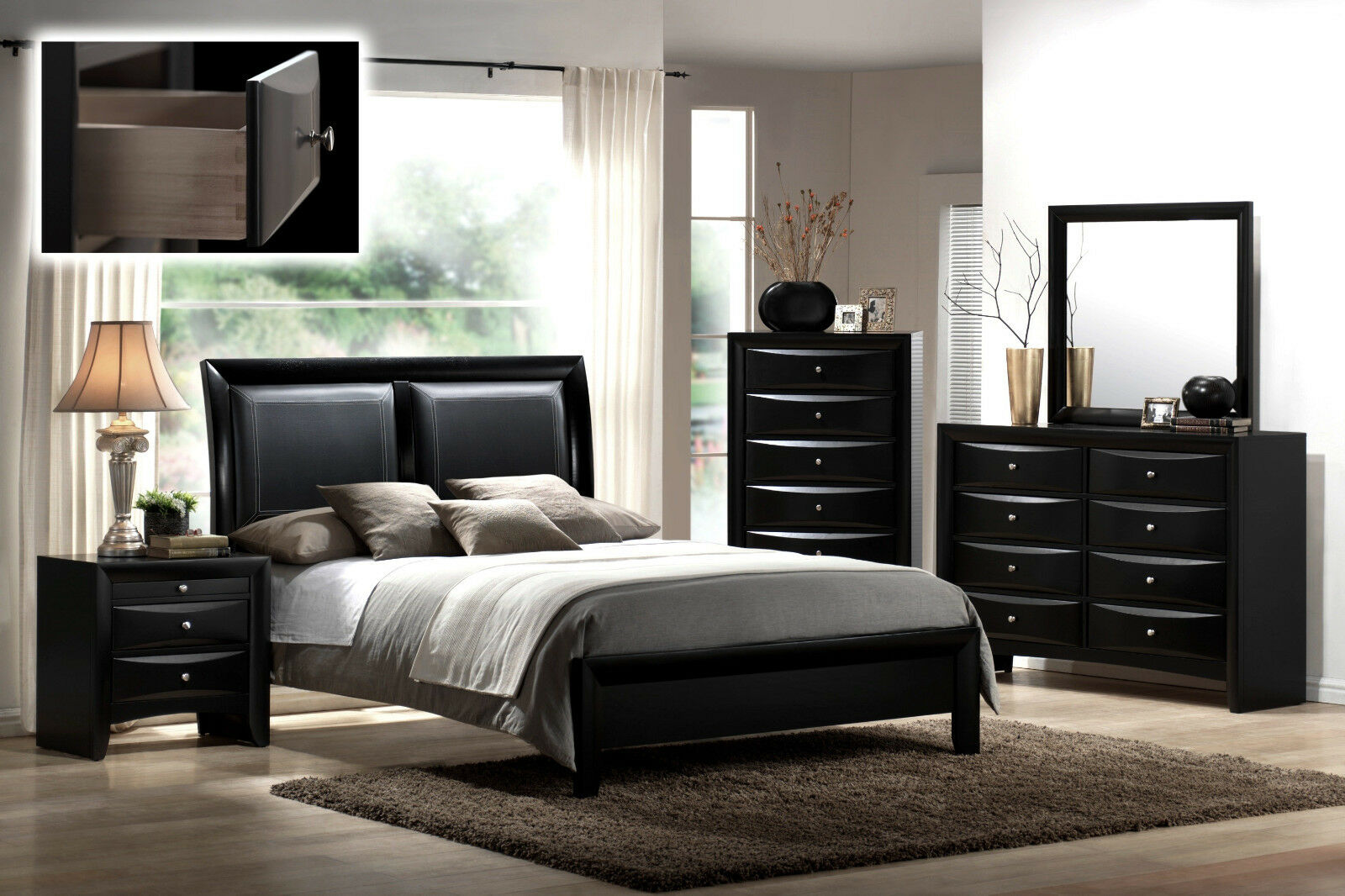 Black leather headboard king bed with wood frame modern bedroom furniture