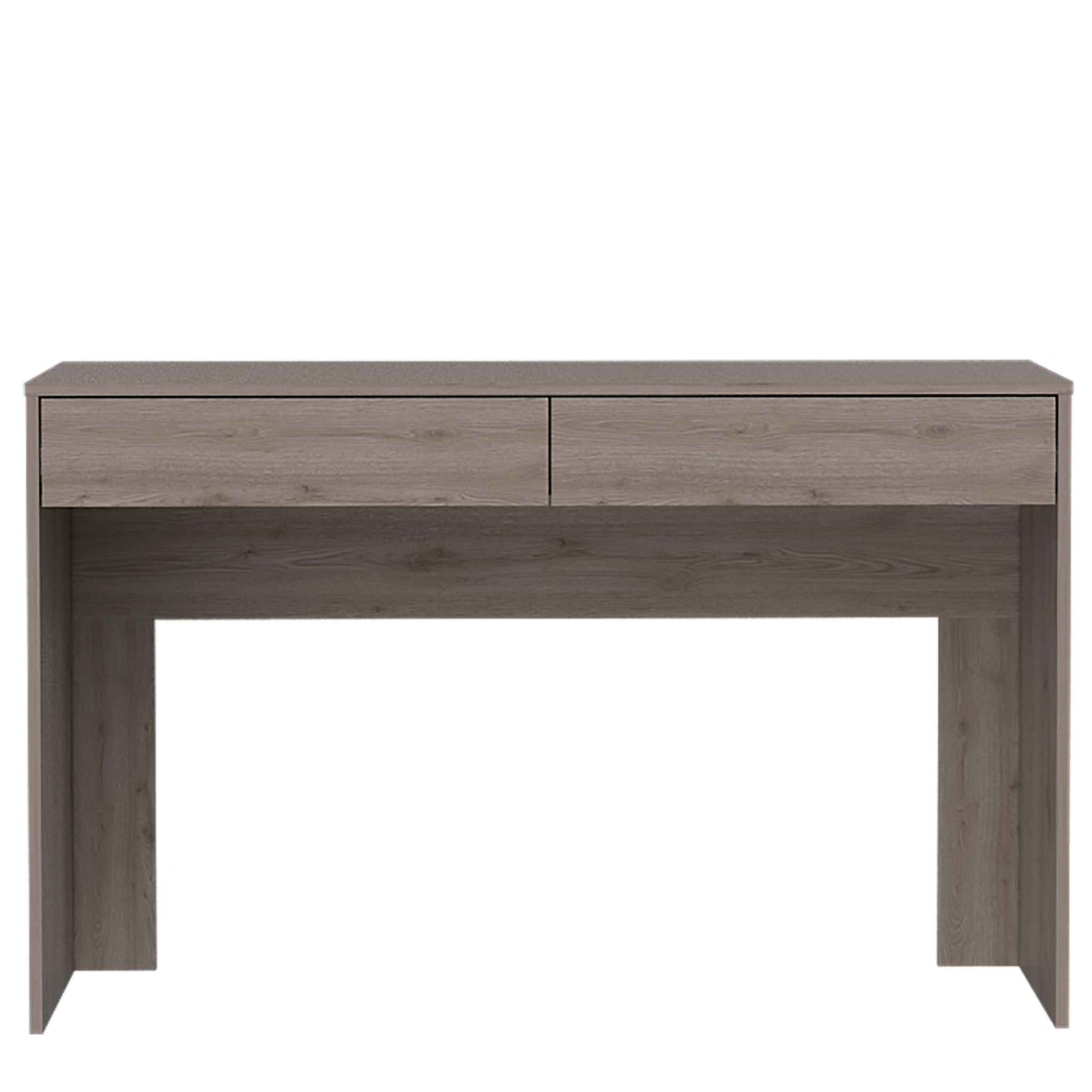 Modern grey wood grain console table with two drawers for entryway organization
