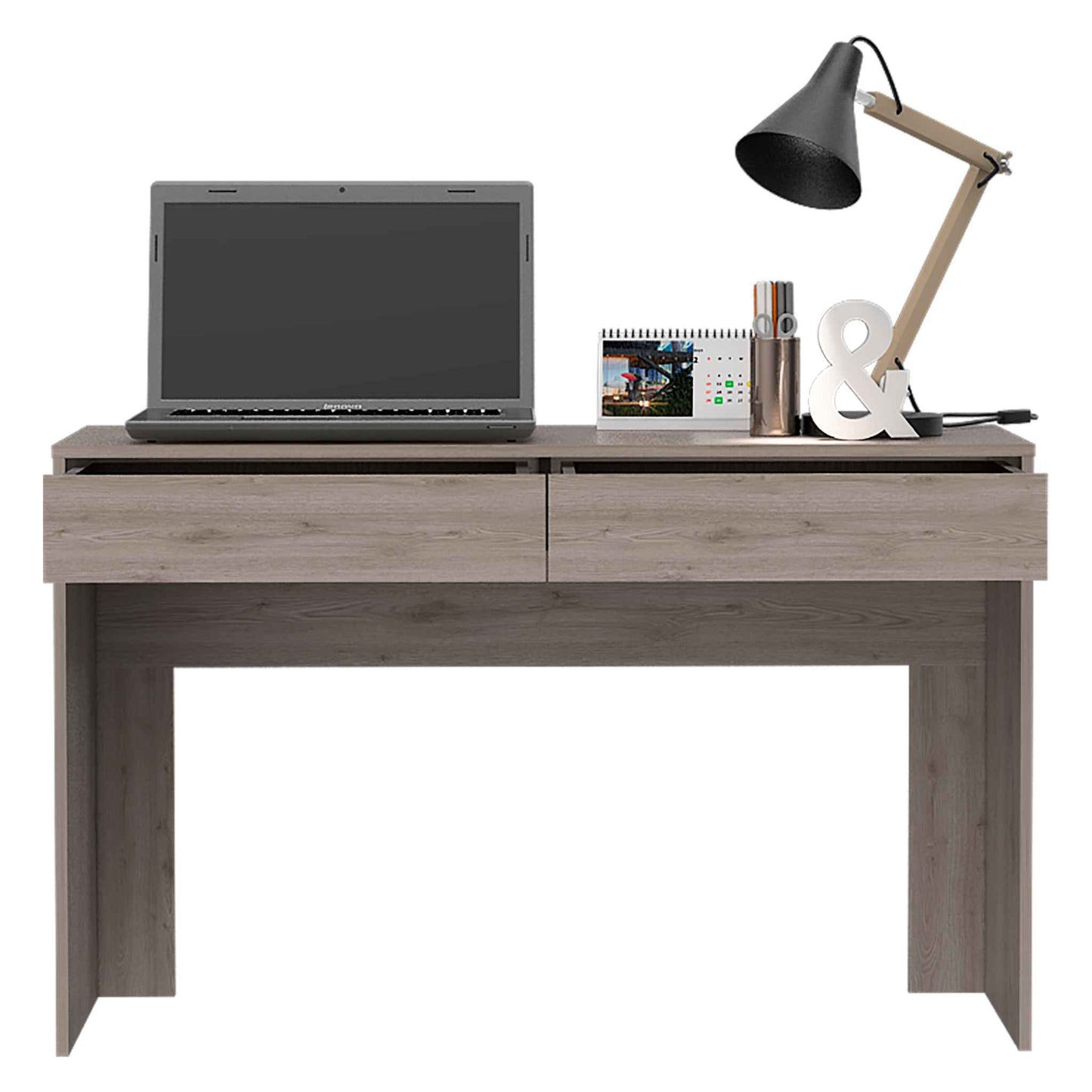 Modern grey wood console table with laptop and desk lamp setup