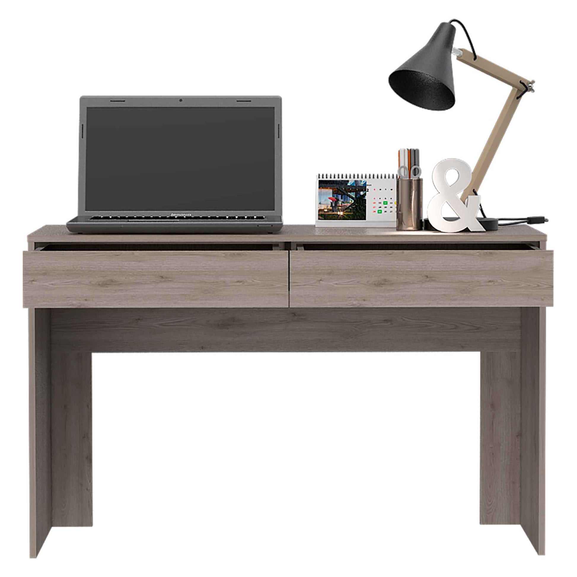 Modern grey wood console table with laptop and desk lamp setup
