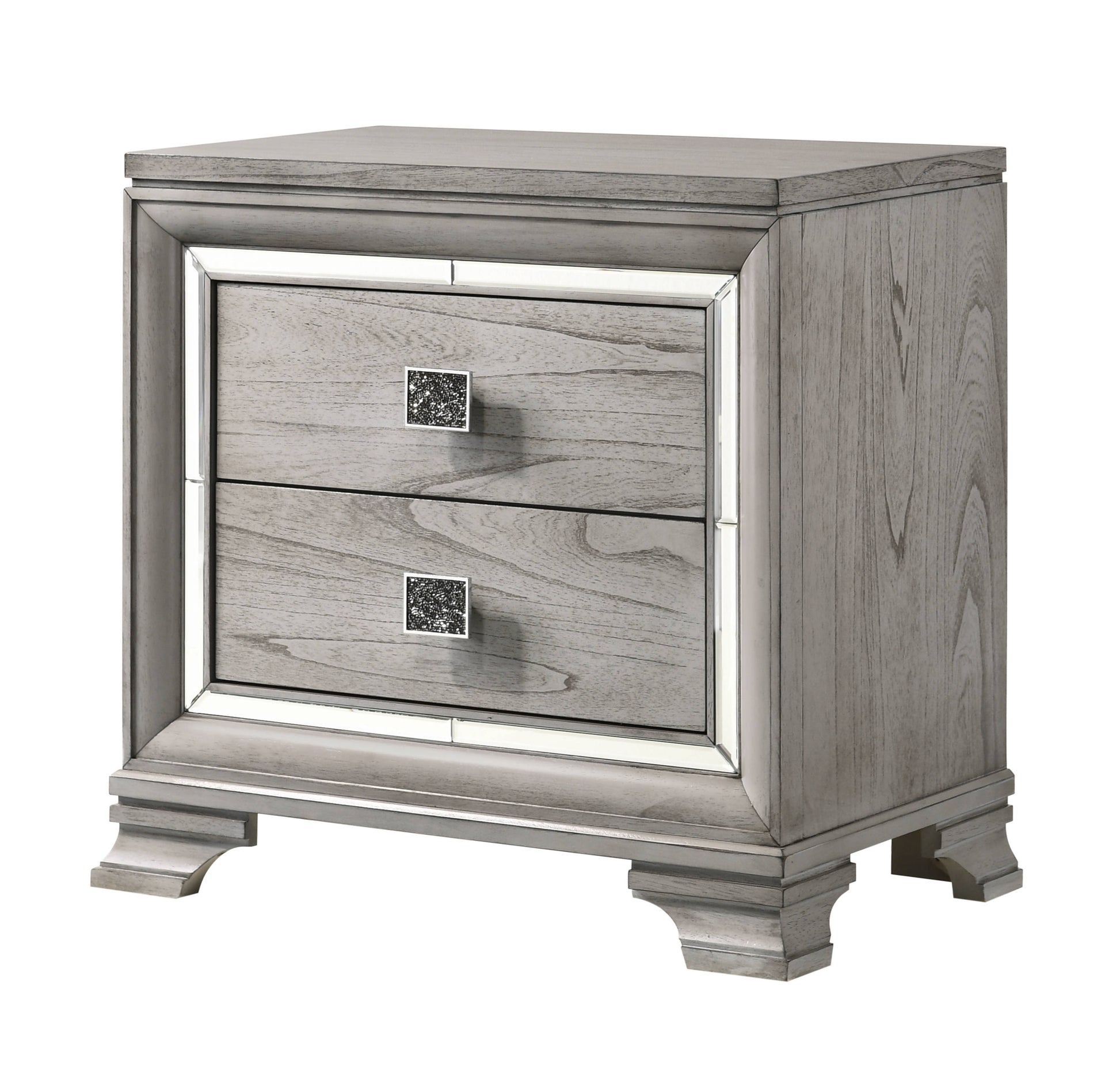 Grey wooden nightstand with two mirrored drawer fronts and crystal knobs