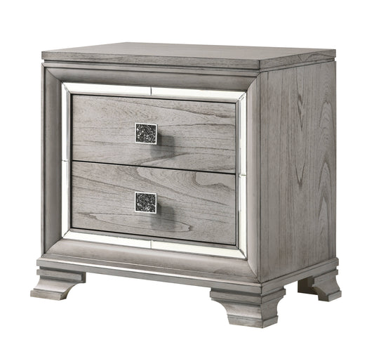 Grey wooden nightstand with two mirrored drawer fronts and crystal knobs