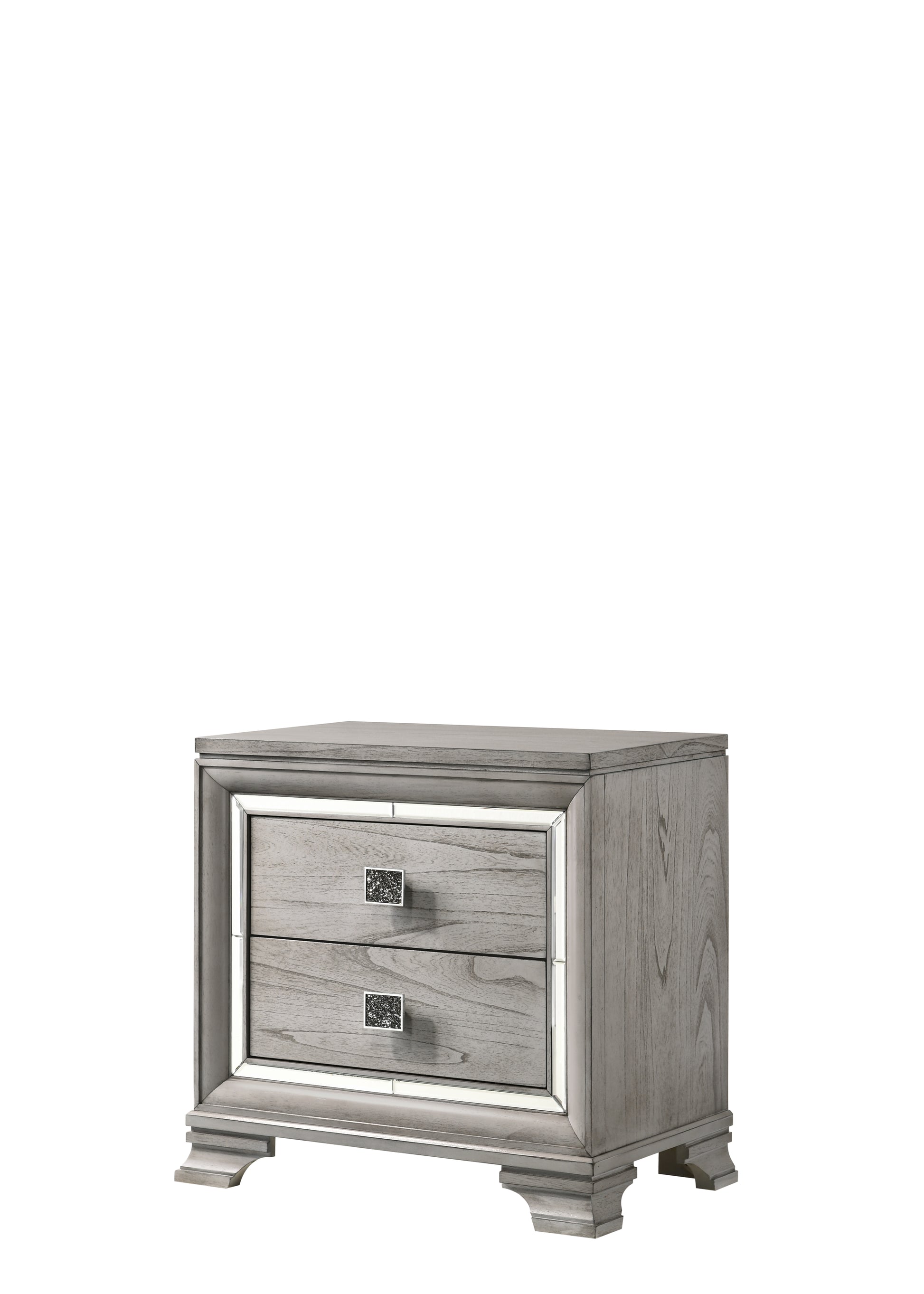 Gray twodrawer nightstand with mirrored trim and crystal hardware perfect for bedroom storage