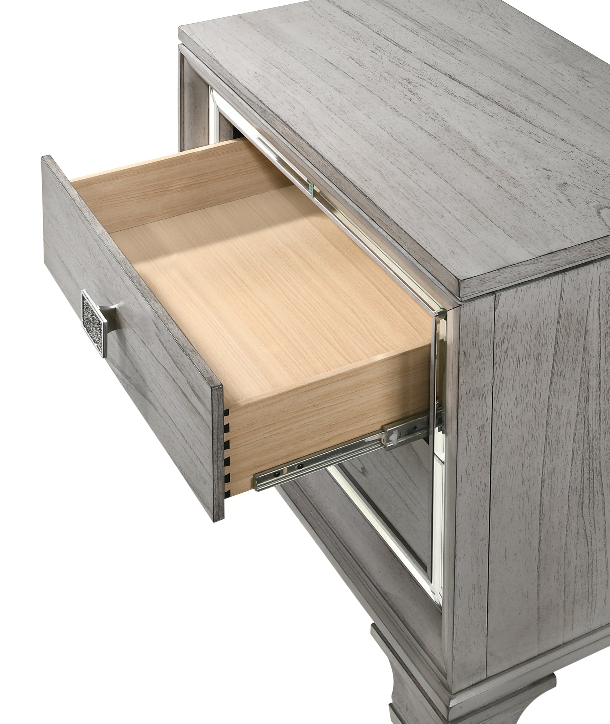 Gray wood finish nightstand with an open drawer and silver metallic knob