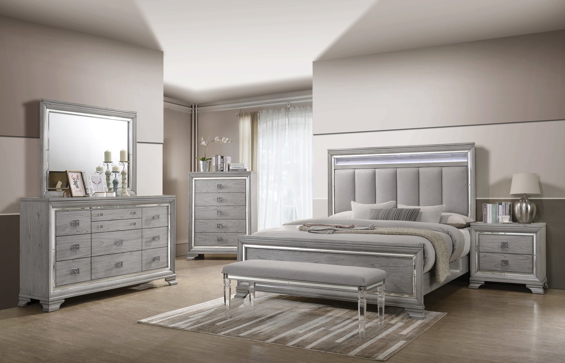 Gray upholstered king bed with builtin LED headboard lighting