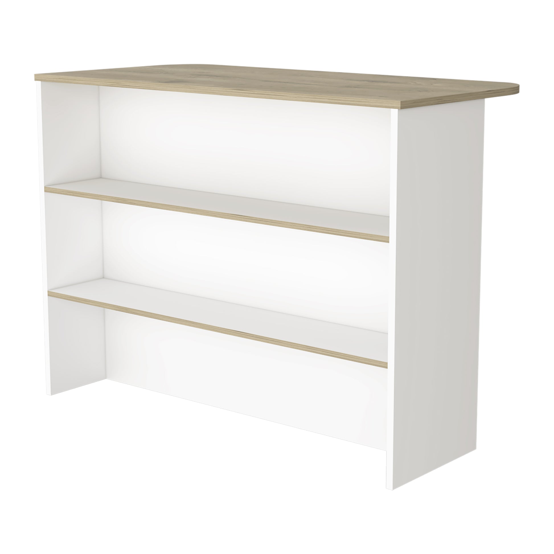 Modern white bookcase with a faux wood top and three open shelves for storage