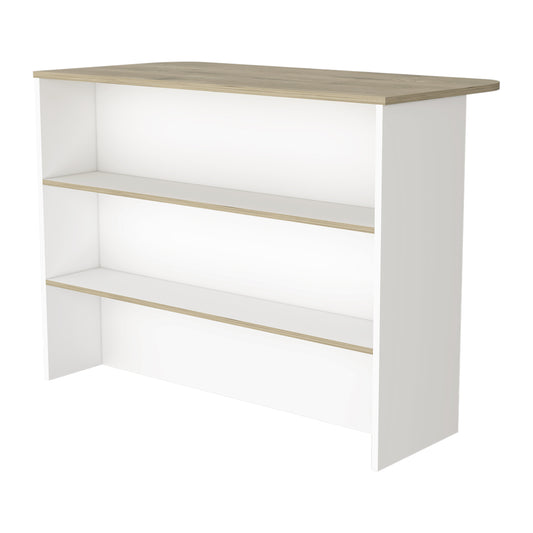 Modern white bookcase with a faux wood top and three open shelves for storage