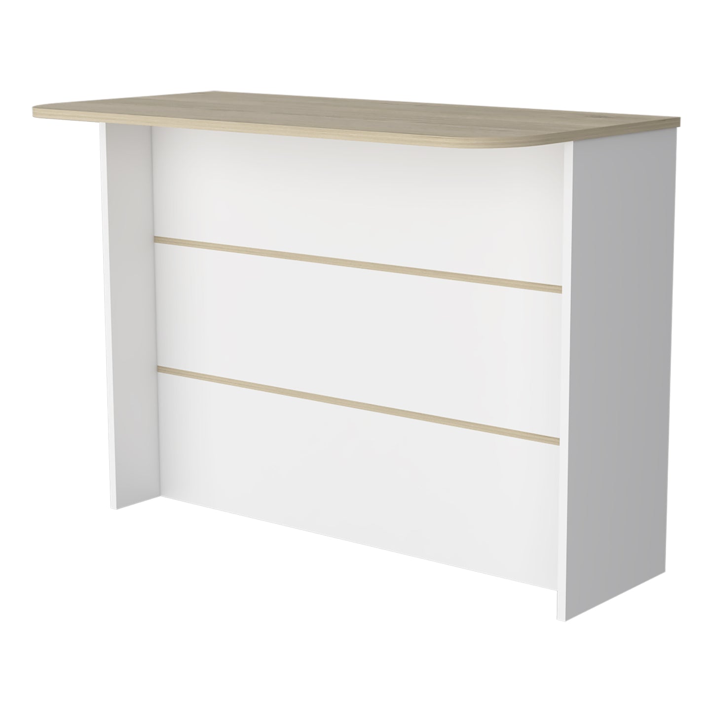 Modern white console table with light oak top and two horizontal accents