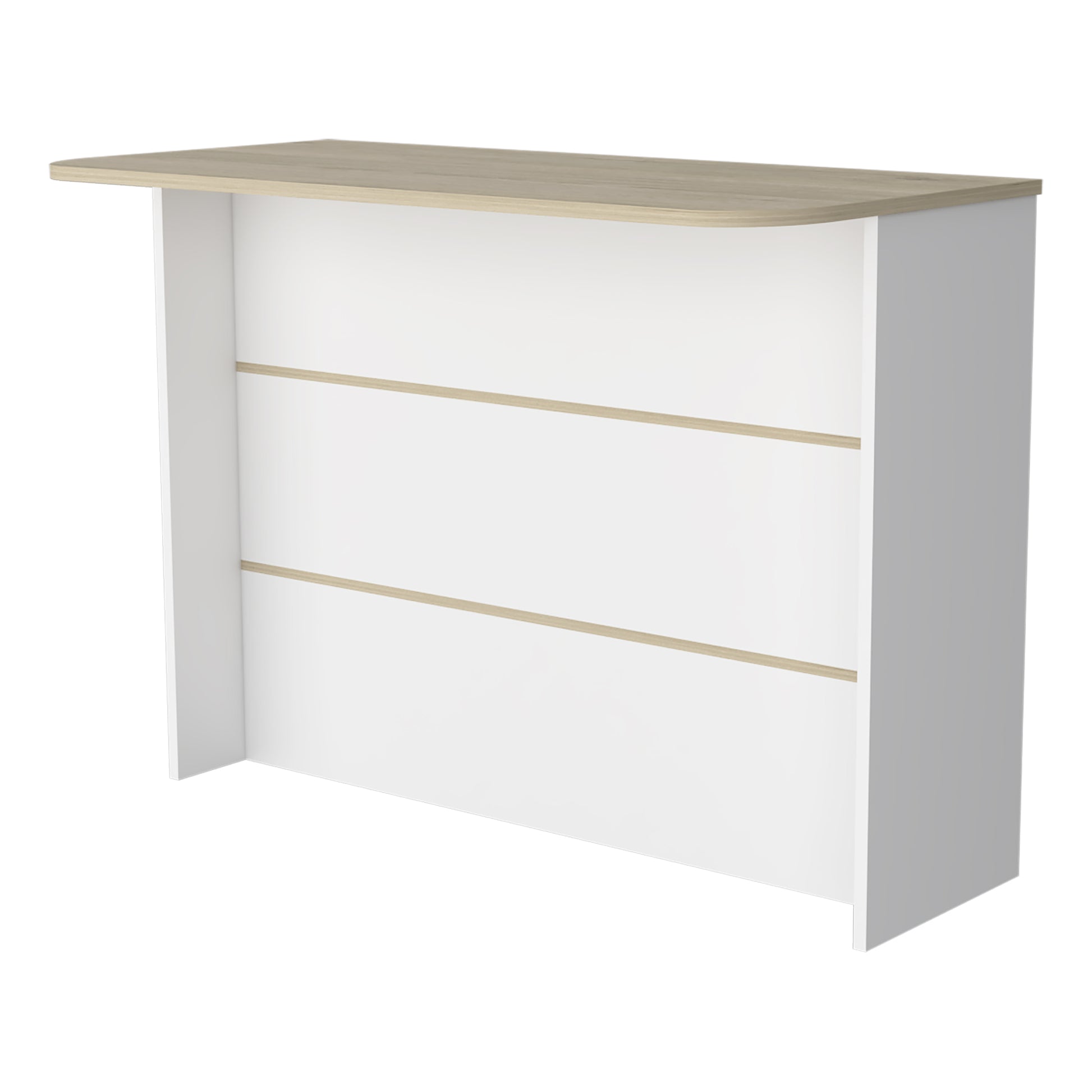 Modern white console table with light oak top and two horizontal accents