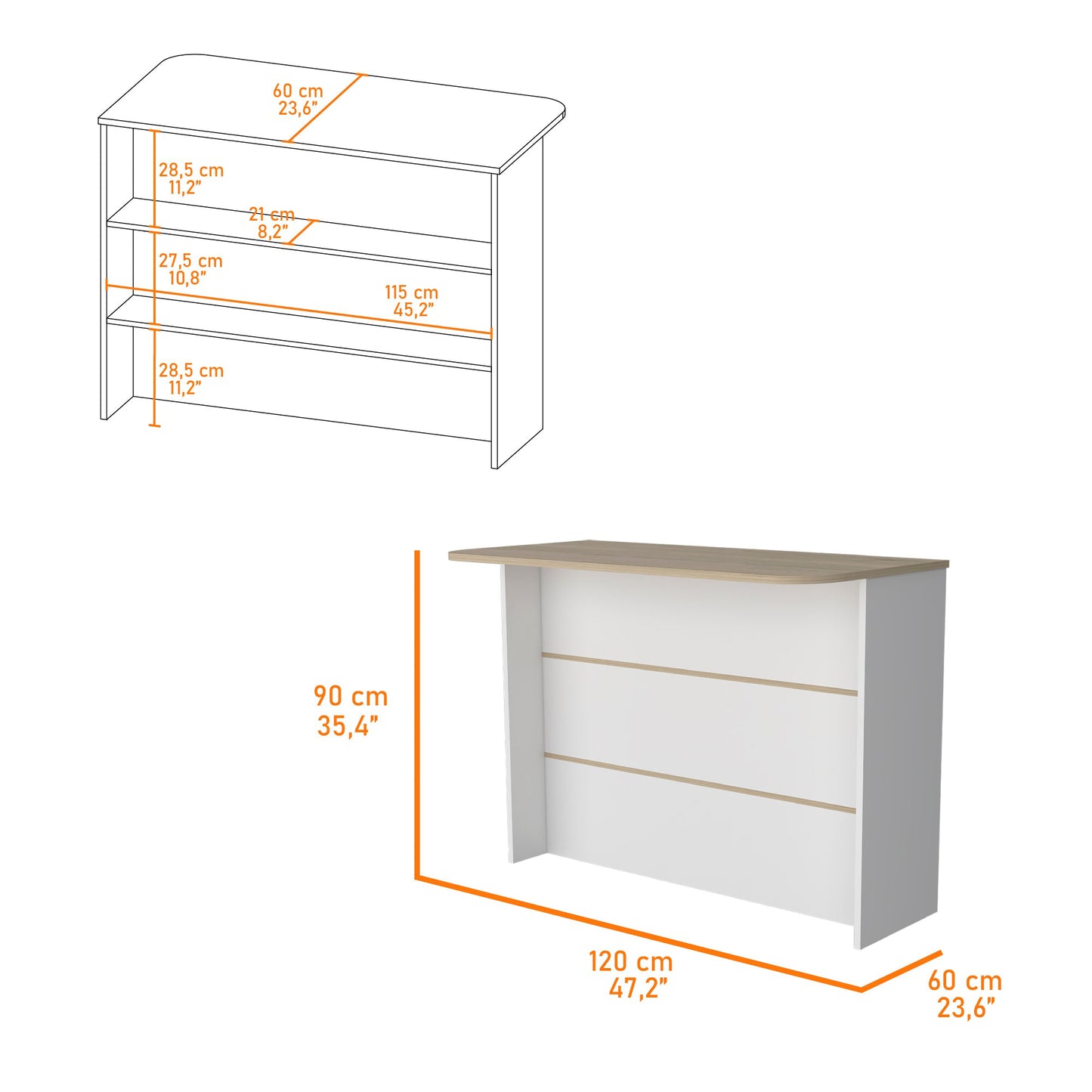 White and wood reception desk with open shelving for office use